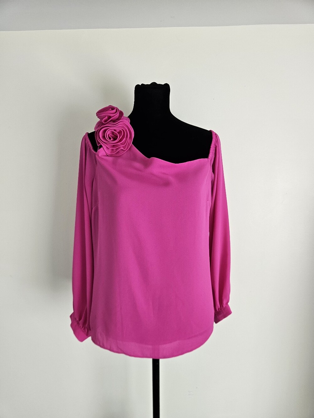 CeCe One-Shoulder Rose-Accent Blouse - Fuchsia